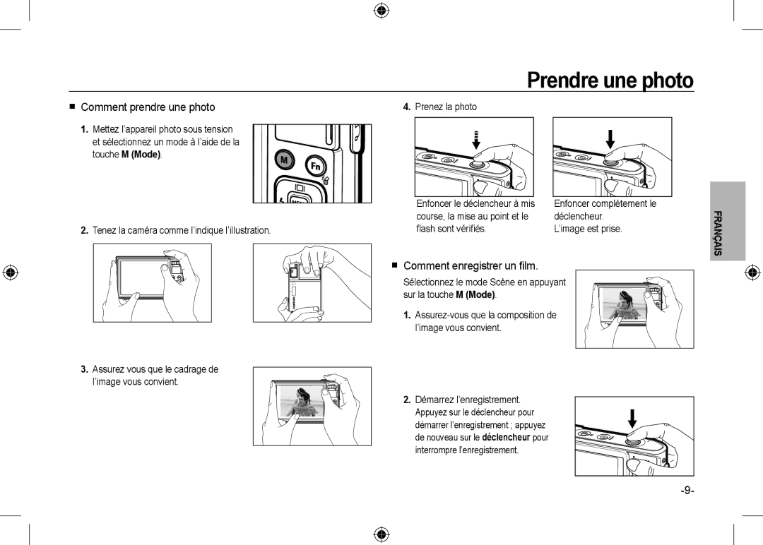 Samsung EC-I100ZRBB/AS, EC-I100ZGBA/E3 manual Prendre une photo,  Comment prendre une photo,  Comment enregistrer un ﬁlm 