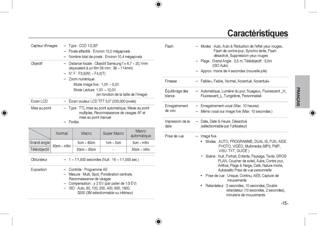 Samsung EC-I100ZNBA/RU, EC-I100ZGBA/E3, EC-I100ZSBA/FR, EC-I100ZGBA/FR, EC-I100ZSBA/E3, EC-I100ZRBA/E3 manual Caractéristiques 