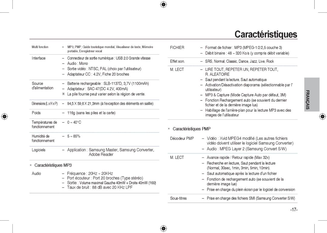 Samsung EC-I100ZRBA/RU Interface, Sortie vidéo NTSC, PAL choix par l’utilisateur, Adaptateur CC 4.2V, Fiche 20 broches 