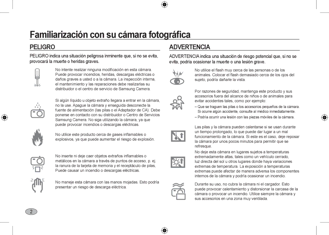 Samsung EC-I100ZRWB/RU, EC-I100ZGBA/E3, EC-I100ZSBA/FR manual Familiarización con su cámara fotográﬁca, Peligro, Advertencia 