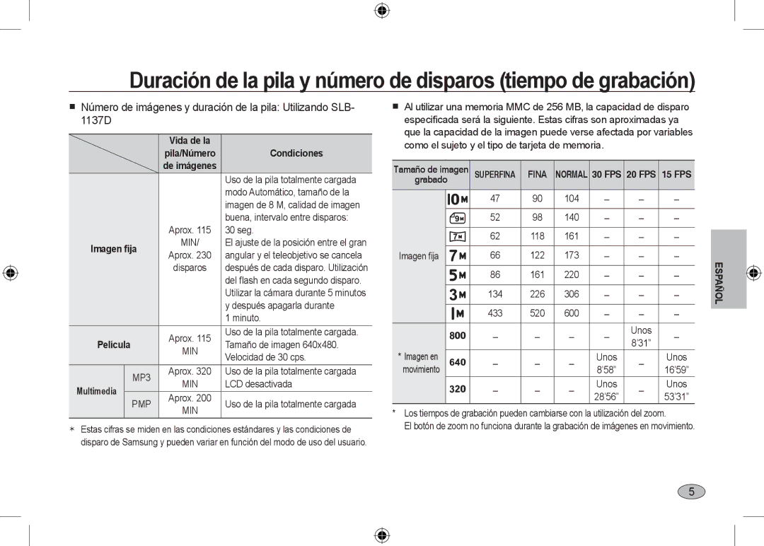 Samsung EC-I100ZSBA/FR, EC-I100ZGBA/E3, EC-I100ZGBA/FR, EC-I100ZSBA/E3, EC-I100ZRBA/E3 manual Condiciones, FPS 20 FPS 15 FPS 