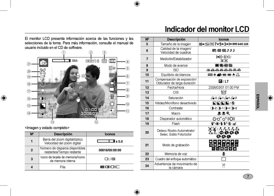 Samsung EC-I100ZSBA/E3 Indicador del monitor LCD, Imagen y estado completo, Iconos, Advertencia de movimiento de La cámara 