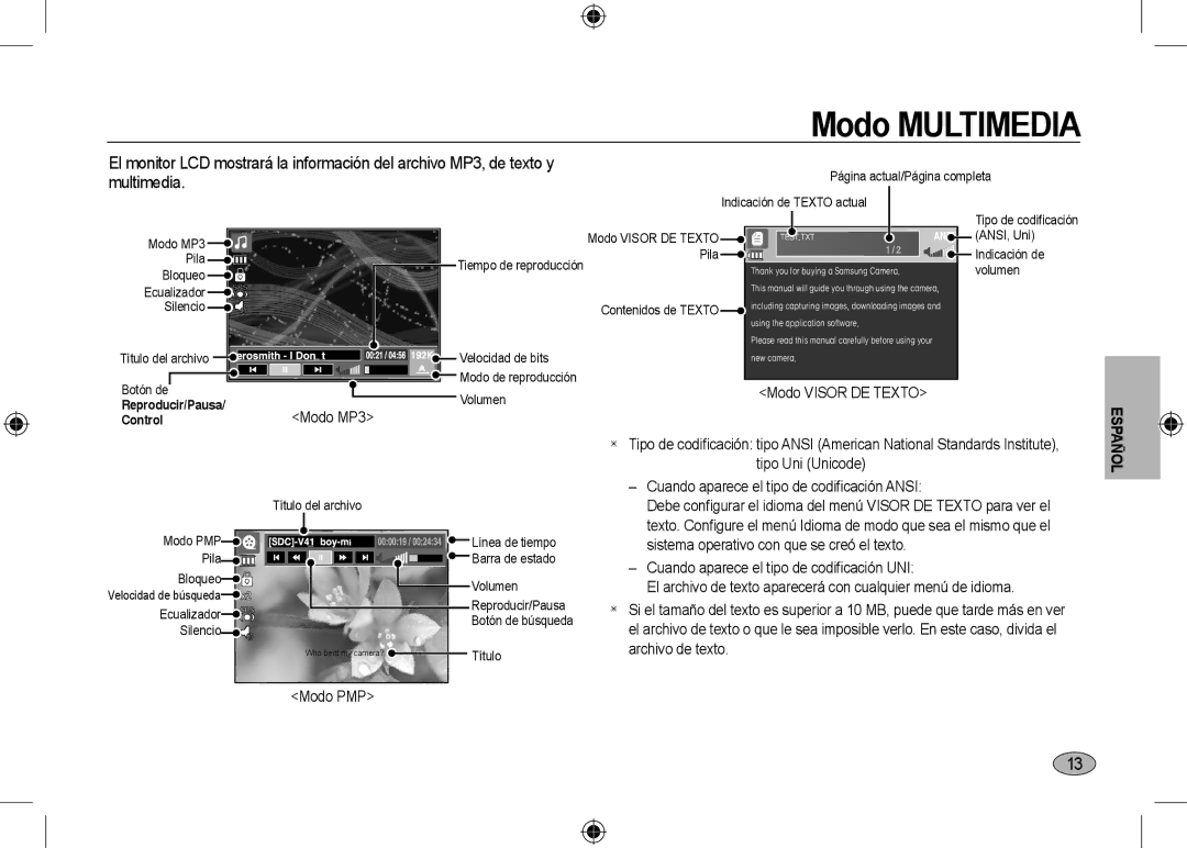 Samsung EC-I100ZGBA/IT, EC-I100ZGBA/E3, EC-I100ZSBA/FR, EC-I100ZGBA/FR, EC-I100ZSBA/E3 manual Modo MP3, Modo Visor DE Texto 