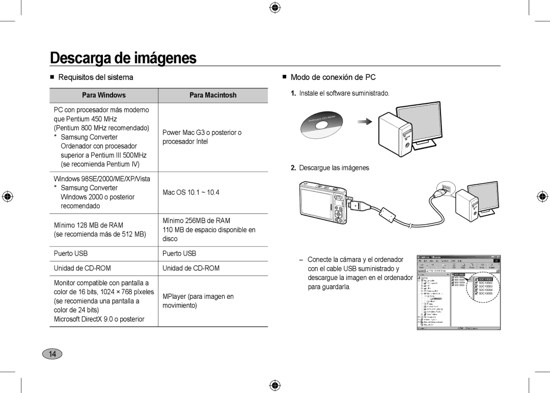 Samsung EC-I100ZNBA/IT, EC-I100ZGBA/E3 manual Descarga de imágenes,  Requisitos del sistema,  Modo de conexión de PC 