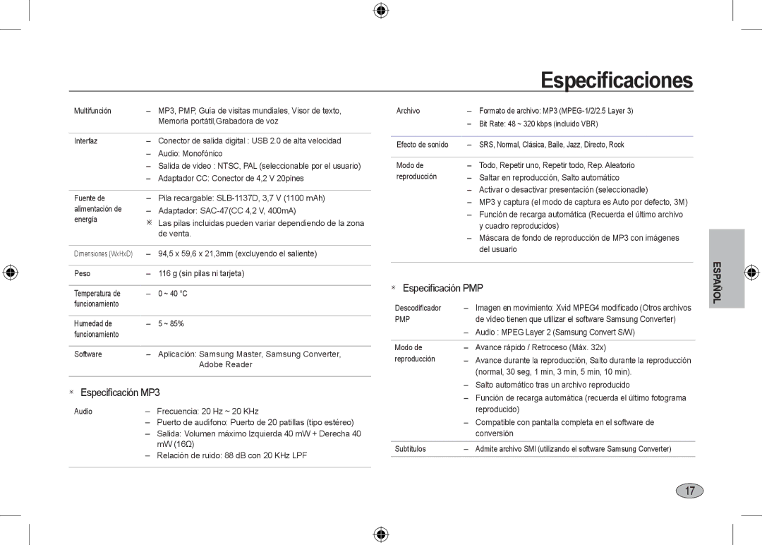 Samsung EC-I100ZBBA/IT, EC-I100ZGBA/E3, EC-I100ZSBA/FR, EC-I100ZGBA/FR manual  Especiﬁcación MP3,  Especiﬁcación PMP 