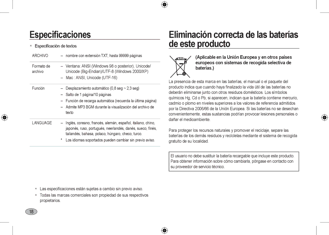 Samsung EC-I100ZSBA/E1 manual Eliminación correcta de las baterías de este producto,  Especiﬁcación de textos, Archivo 