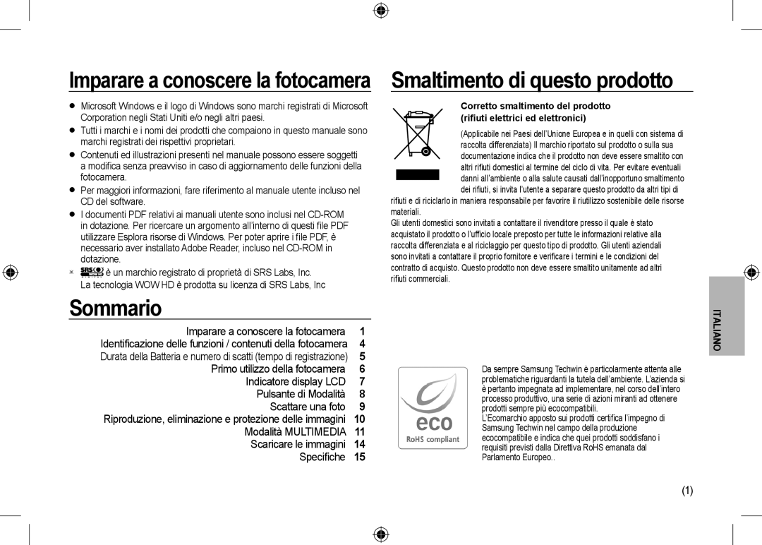 Samsung EC-I100ZNBA/AS, EC-I100ZGBA/E3 manual Imparare a conoscere la fotocamera, Sommario, Smaltimento di questo prodotto 