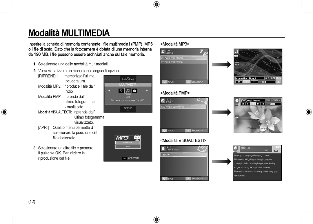 Samsung EC-I100ZABA/RU, EC-I100ZGBA/E3, EC-I100ZSBA/FR manual Modalità MP3, Modalità PMP, Modalità Visualtesti, Riprendi 