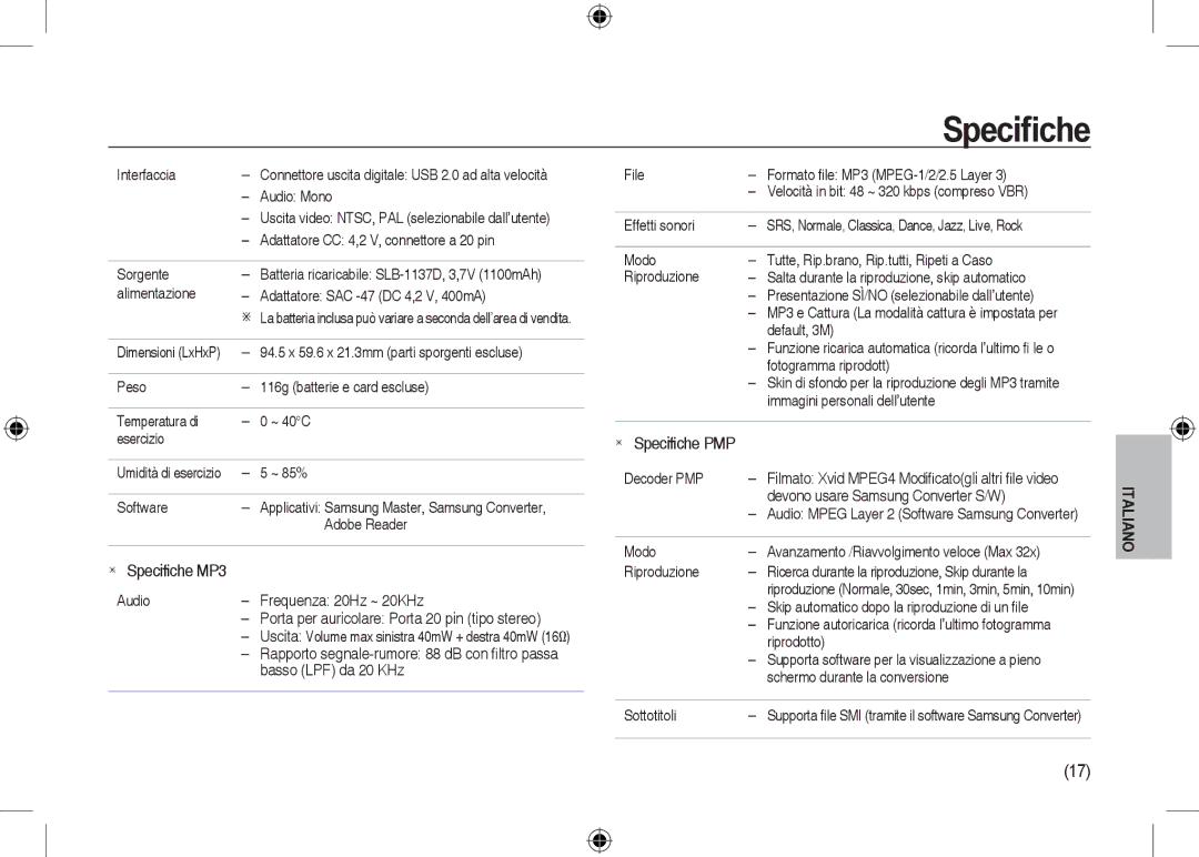 Samsung EC-I100ZSBA/FR, EC-I100ZGBA/E3, EC-I100ZGBA/FR, EC-I100ZSBA/E3, EC-I100ZRBA/E3 manual  Speciﬁche MP3,  Speciﬁche PMP 