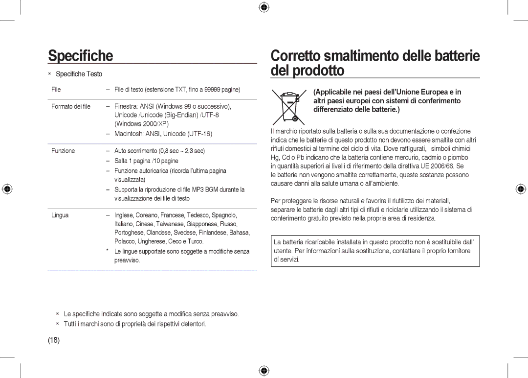 Samsung EC-I100ZGBA/FR, EC-I100ZGBA/E3, EC-I100ZSBA/FR Corretto smaltimento delle batterie del prodotto,  Speciﬁche Testo 