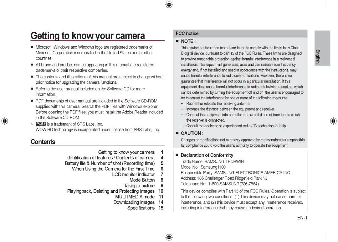 Samsung EC-I100ZSBA/FR, EC-I100ZGBA/E3, EC-I100ZGBA/FR, EC-I100ZSBA/E3 manual Getting to know your camera, Contents 