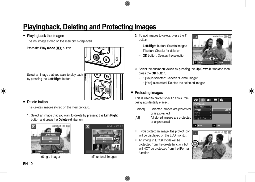 Samsung EC-I100ZNBA/IT manual Playingback, Deleting and Protecting Images,  Playingback the images,  Delete button, EN-10 