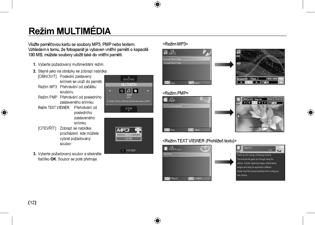 Samsung EC-I100ZSBA/E1, EC-I100ZGBA/E3, EC-I100ZSBA/FR manual Režim MP3, Režim PMP, Režim Text Viewer Prohlížeč textu 