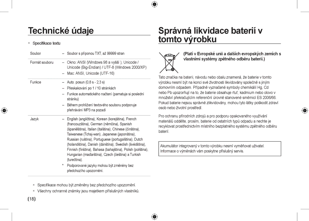 Samsung EC-I100ZGBB/AS, EC-I100ZGBA/E3, EC-I100ZSBA/FR, EC-I100ZGBA/FR manual Správná likvidace baterií v tomto výrobku 