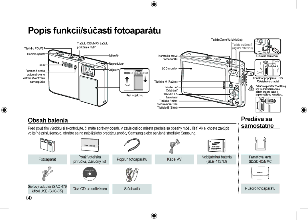 Samsung EC-I100ZNWB/RU, EC-I100ZGBA/E3 manual Popis funkcií/súčasti fotoaparátu, Obsah balenia, Samostatne, Kábel AV 