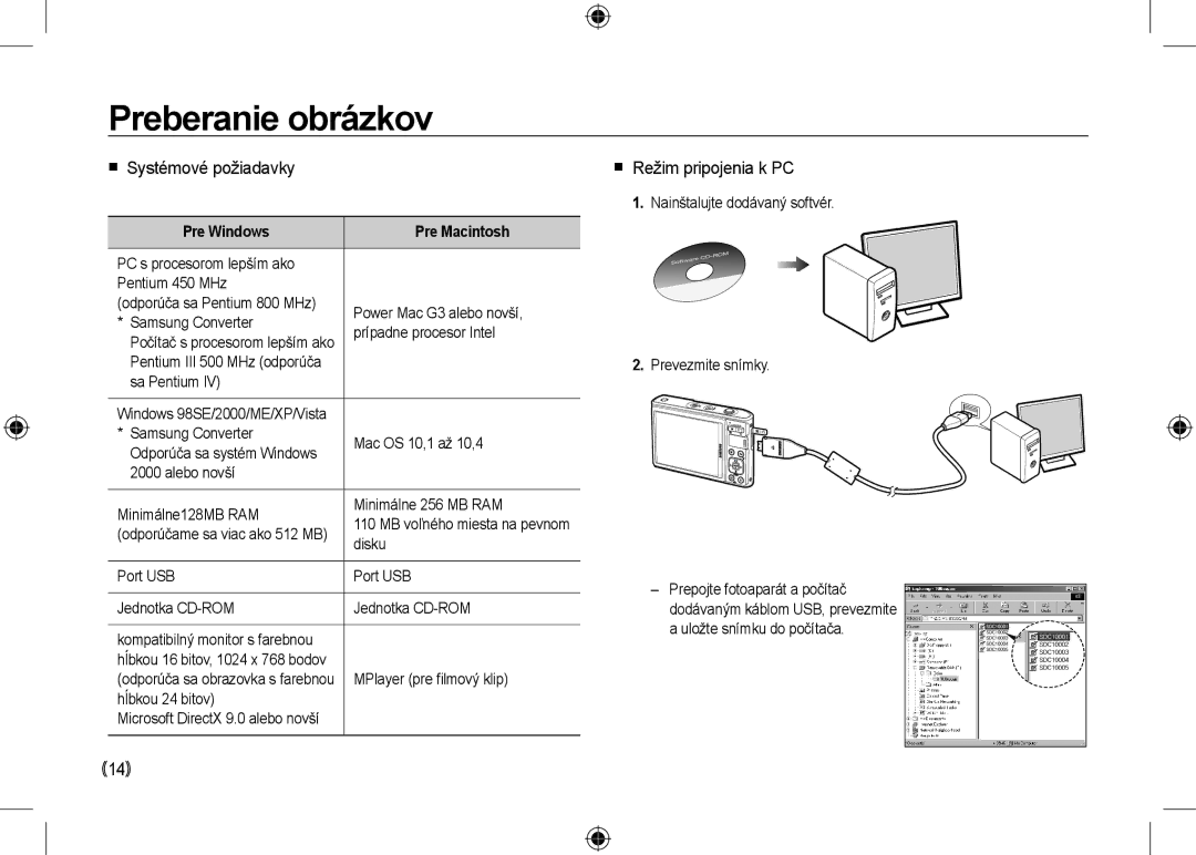 Samsung EC-I100ZRBA/E3 Preberanie obrázkov,  Systémové požiadavky,  Režim pripojenia k PC, Pre Windows Pre Macintosh 