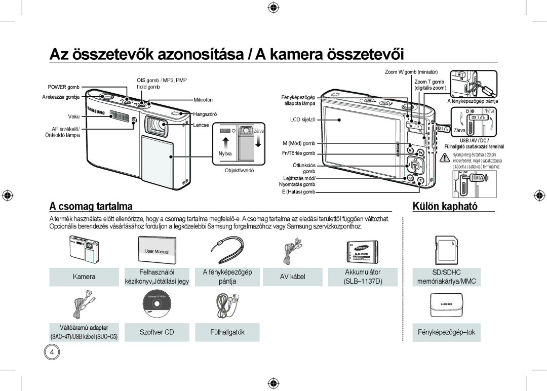 Samsung EC-I100ZSBA/IT, EC-I100ZGBA/E3 manual Az összetevők azonosítása / a kamera összetevői, Csomag tartalma, AV kábel 