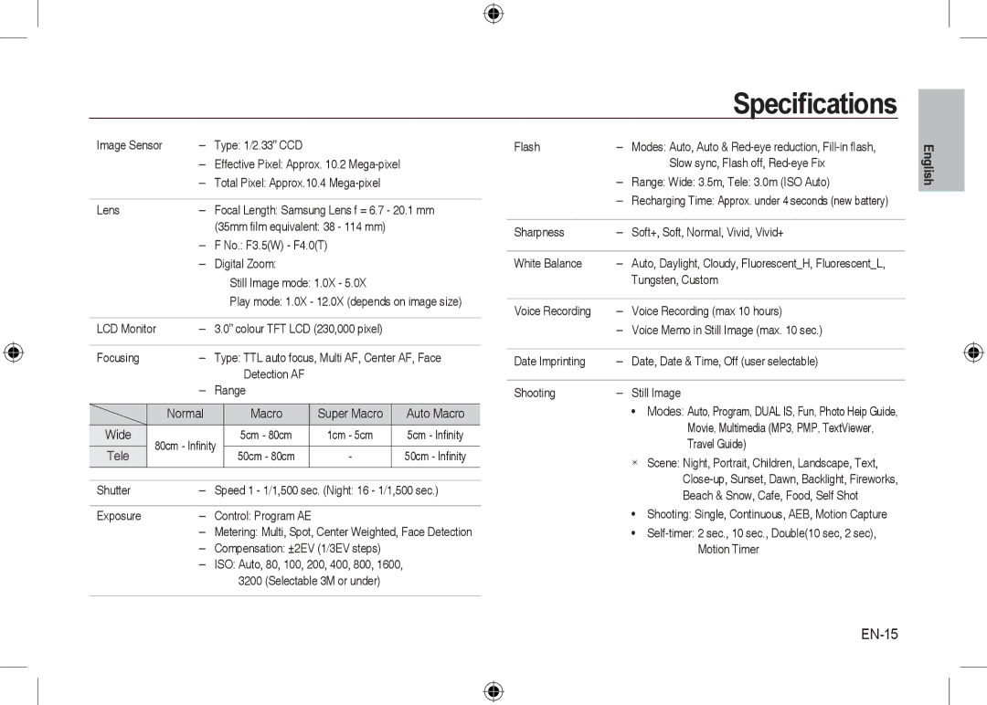 Samsung EC-I100ZNBA/AS, EC-I100ZGBA/E3, EC-I100ZSBA/FR, EC-I100ZGBA/FR, EC-I100ZSBA/E3, EC-I100ZRBA/E3 Speciﬁcations, EN-15 