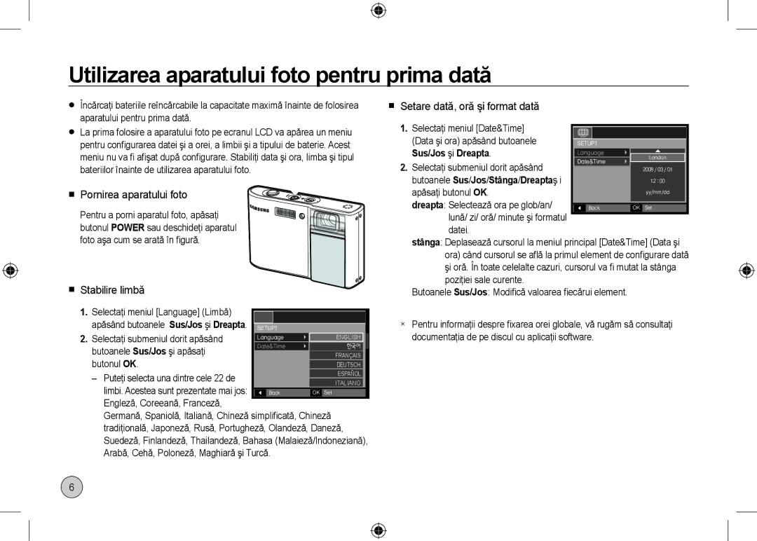 Samsung EC-I100ZGBA/FR manual Utilizarea aparatului foto pentru prima dată,  Pornirea aparatului foto,  Stabilire limbă 