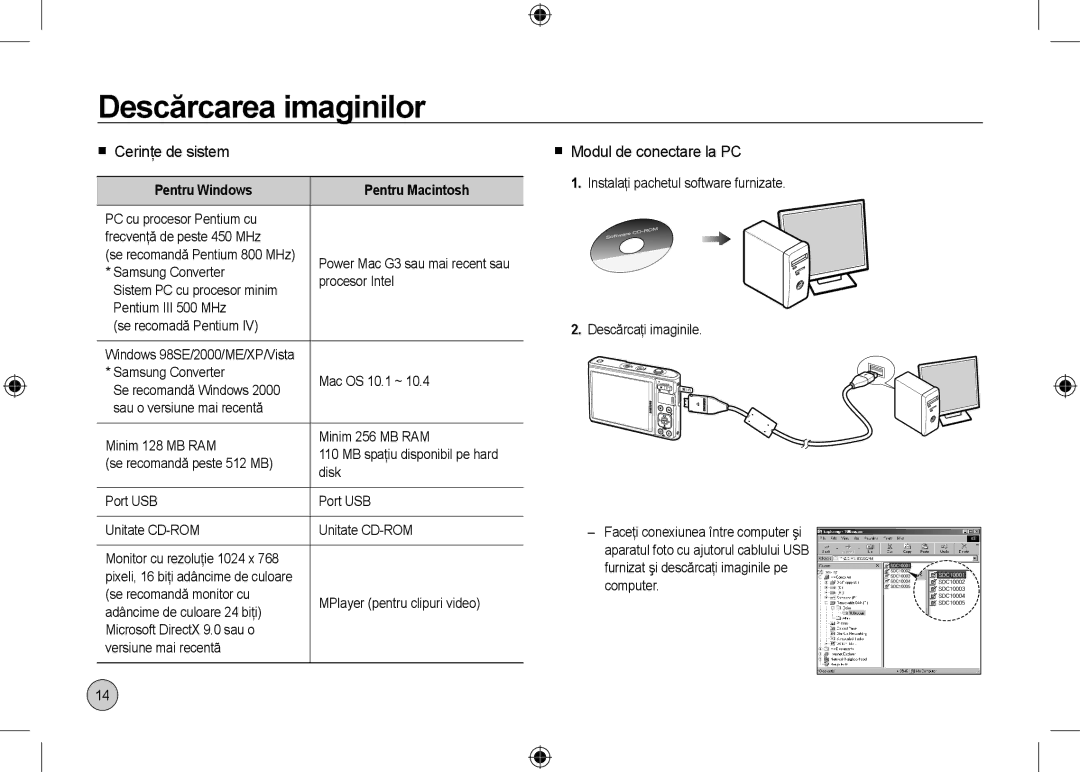 Samsung EC-I100ZNBA/IT, EC-I100ZGBA/E3 manual Descărcarea imaginilor,  Cerinţe de sistem,  Modul de conectare la PC 