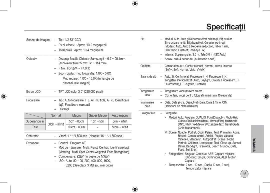 Samsung EC-I100ZABA/IT, EC-I100ZGBA/E3, EC-I100ZSBA/FR, EC-I100ZGBA/FR, EC-I100ZSBA/E3, EC-I100ZRBA/E3 manual Speciﬁcaţii 