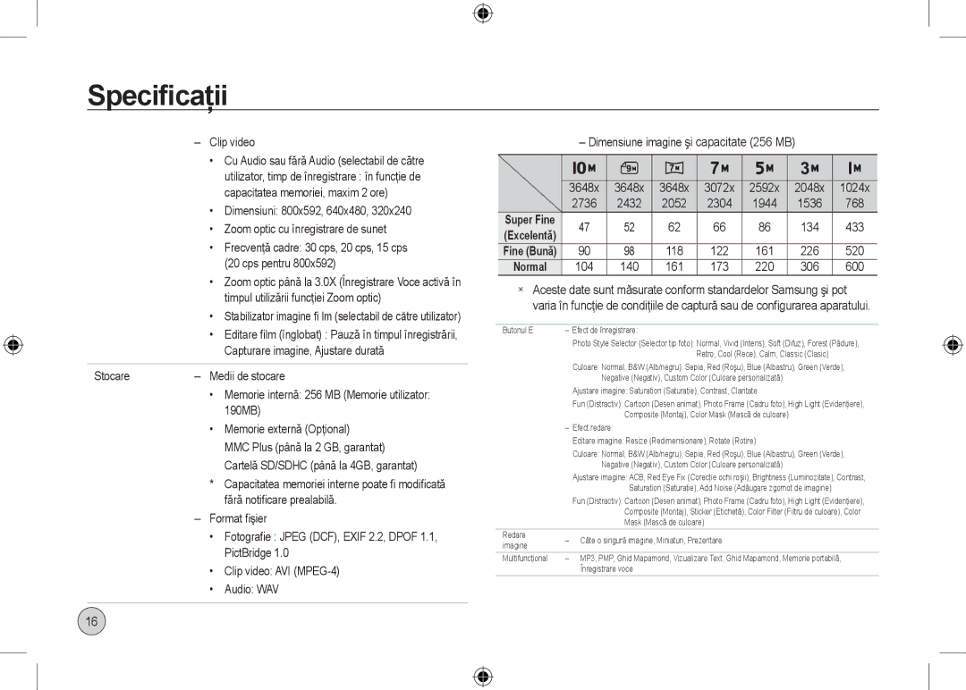 Samsung EC-I100ZSBA/IT manual Clip video, Cu Audio sau fără Audio selectabil de către, Capacitatea memoriei, maxim 2 ore 