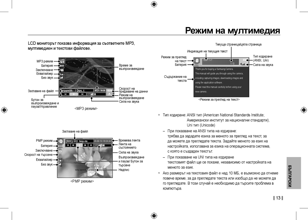 Samsung EC-I100ZGBA/RU LCD мониторът показва информация за съответните MP3, Мултимедиен и текстови файлове, MP3 режим 