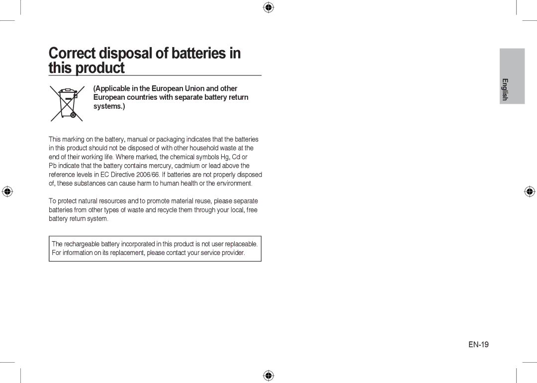 Samsung EC-I100ZBBB/AS, EC-I100ZGBA/E3, EC-I100ZSBA/FR, EC-I100ZGBA/FR Correct disposal of batteries in this product, EN-19 