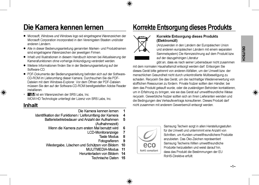 Samsung EC-I100ZABA/E3, EC-I100ZGBA/E3, EC-I100ZSBA/FR, EC-I100ZGBA/FR, EC-I100ZSBA/E3 Die Kamera kennen lernen, Inhalt, ~1~ 