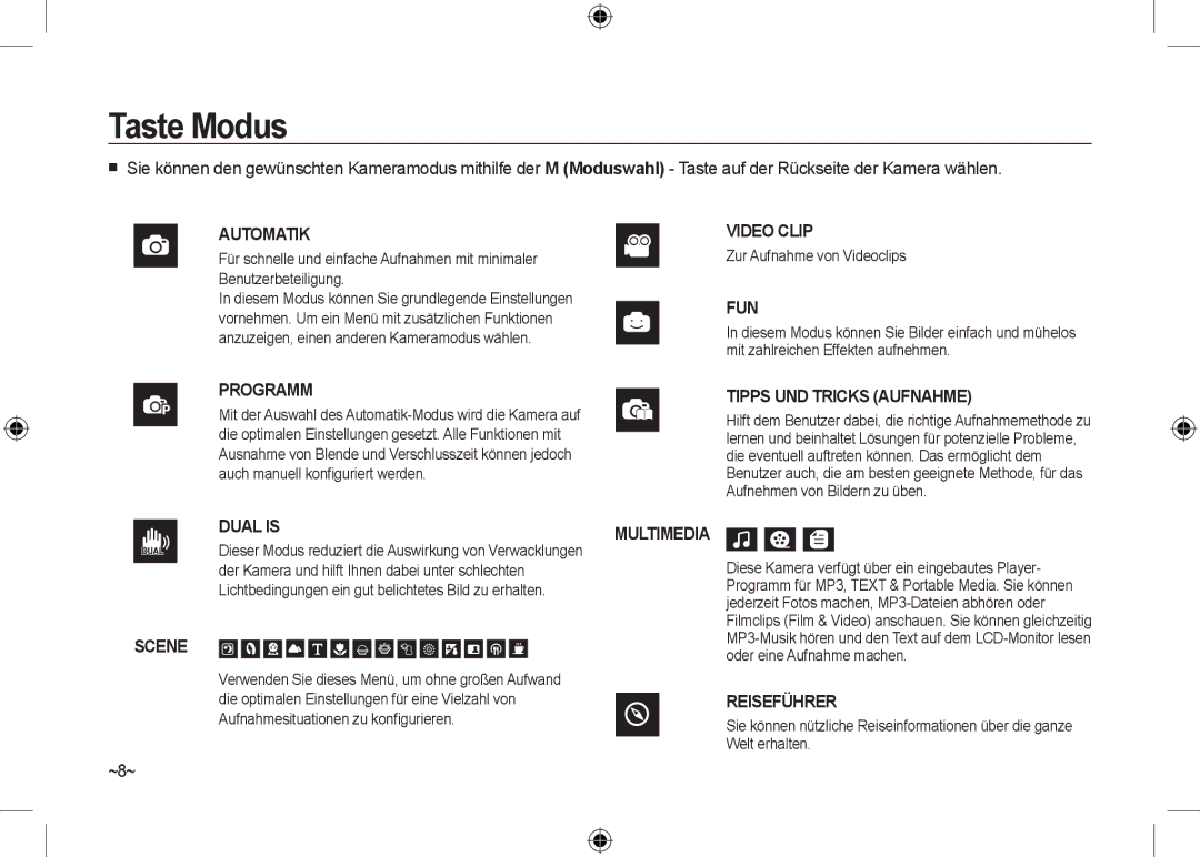 Samsung EC-I100ZRWB/RU, EC-I100ZGBA/E3, EC-I100ZSBA/FR, EC-I100ZGBA/FR manual Taste Modus, ~8~, Zur Aufnahme von Videoclips 