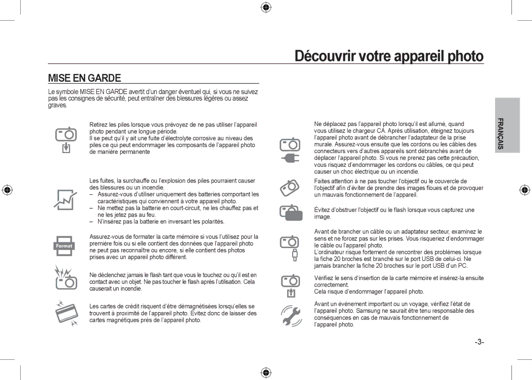 Samsung EC-I100ZABA/IT, EC-I100ZGBA/E3, EC-I100ZSBA/FR, EC-I100ZGBA/FR, EC-I100ZSBA/E3, EC-I100ZRBA/E3 manual Mise EN Garde 