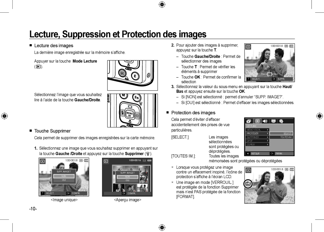 Samsung EC-I100ZSBB/AS manual Lecture, Suppression et Protection des images,  Lecture des images,  Touche Supprimer 