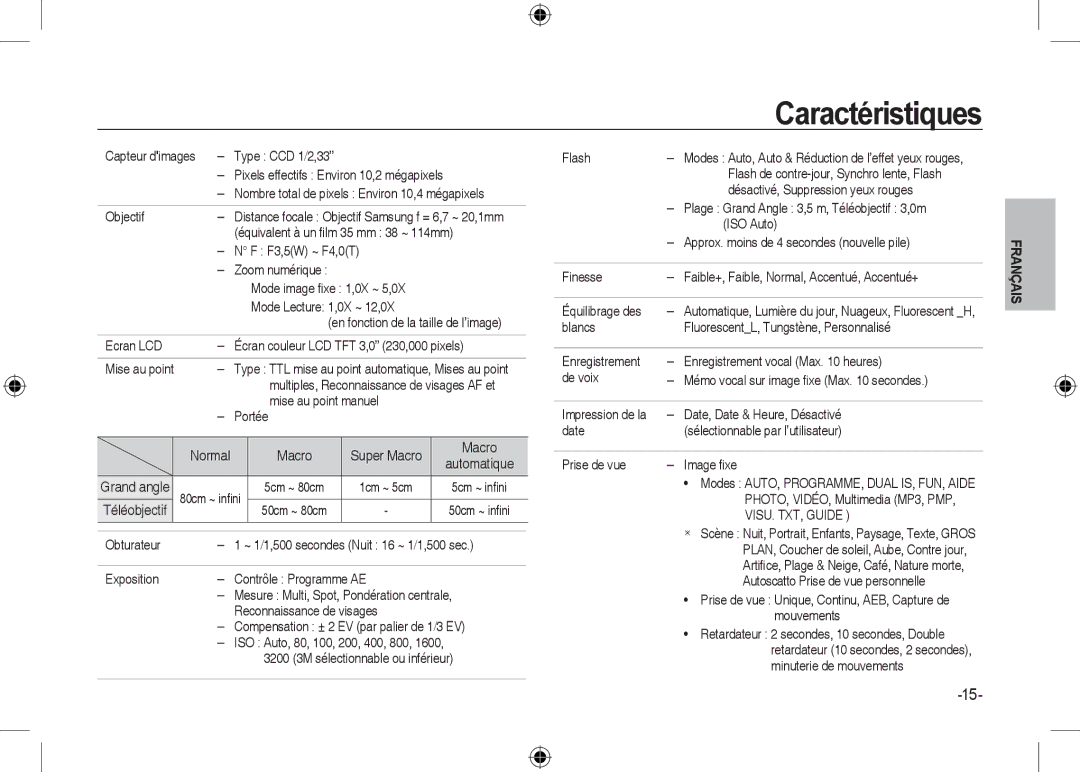 Samsung EC-I100ZNBA/RU, EC-I100ZGBA/E3, EC-I100ZSBA/FR, EC-I100ZGBA/FR, EC-I100ZSBA/E3, EC-I100ZRBA/E3 manual Caractéristiques 