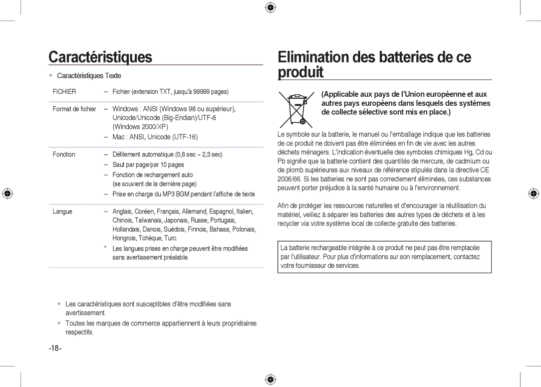 Samsung EC-I100ZABA/RU, EC-I100ZGBA/E3, EC-I100ZSBA/FR, EC-I100ZGBA/FR manual Elimination des batteries de ce produit 