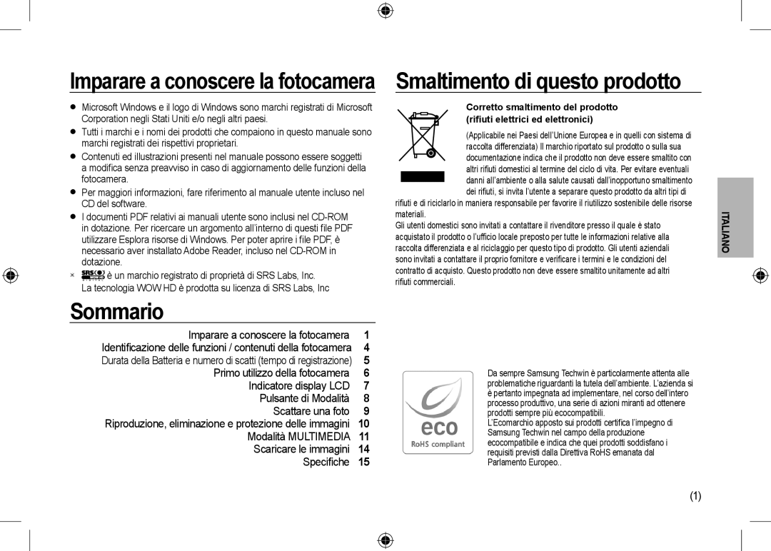 Samsung EC-I100ZGBA/RU, EC-I100ZGBA/E3 manual Imparare a conoscere la fotocamera, Sommario, Smaltimento di questo prodotto 