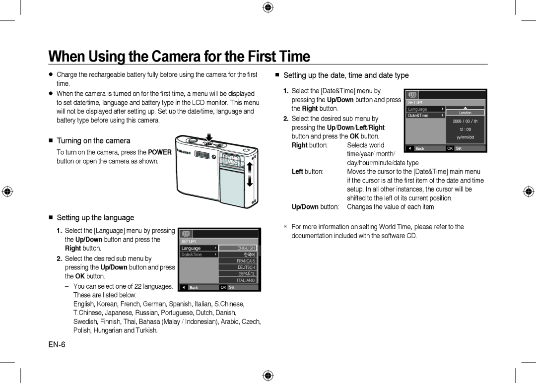 Samsung EC-I100ZBBA/E3 When Using the Camera for the First Time,  Turning on the camera,  Setting up the language, EN-6 