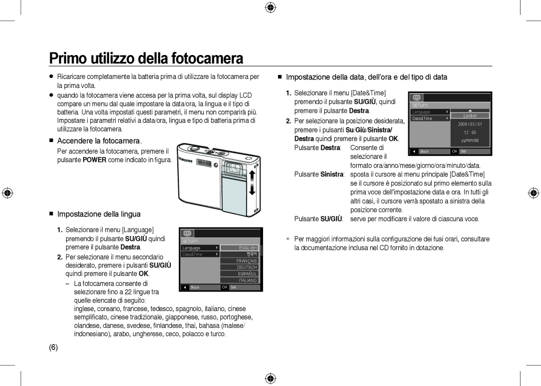 Samsung EC-I100ZGBA/FR manual Primo utilizzo della fotocamera,  Accendere la fotocamera,  Impostazione della lingua 