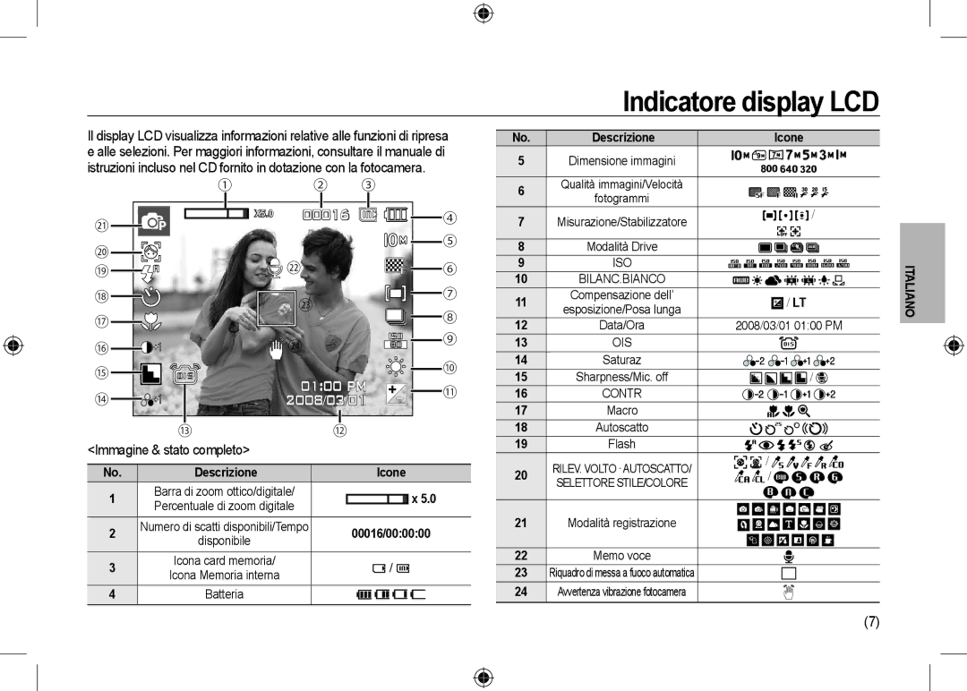 Samsung EC-I100ZSBA/E3 manual Indicatore display LCD, Immagine & stato completo, Descrizione Icone Dimensione immagini 