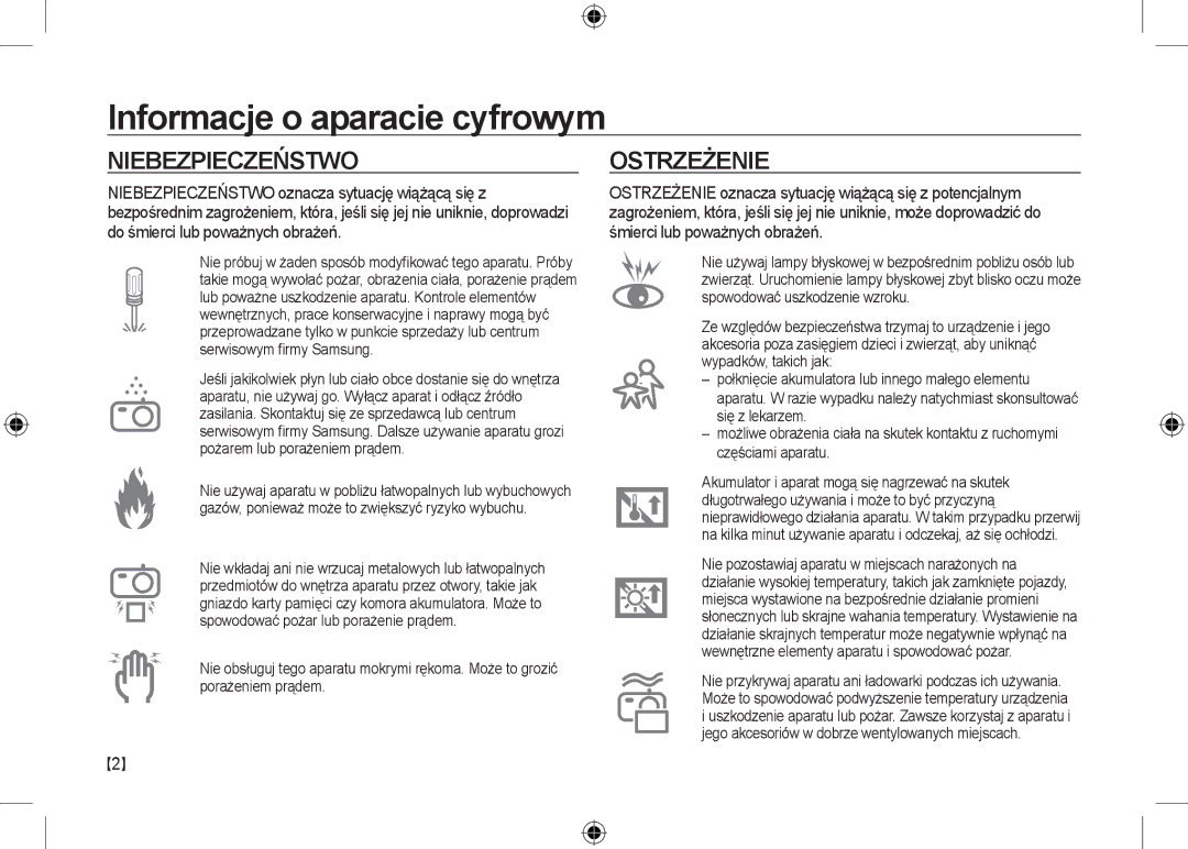 Samsung EC-I100ZABA/AS, EC-I100ZGBA/E3, EC-I100ZSBA/FR manual Informacje o aparacie cyfrowym, Niebezpieczeństwo, Ostrzeżenie 