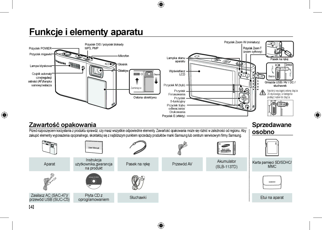 Samsung EC-I100ZSBB/AS, EC-I100ZGBA/E3, EC-I100ZSBA/FR manual Funkcje i elementy aparatu, Zawartość opakowania, Osobno 