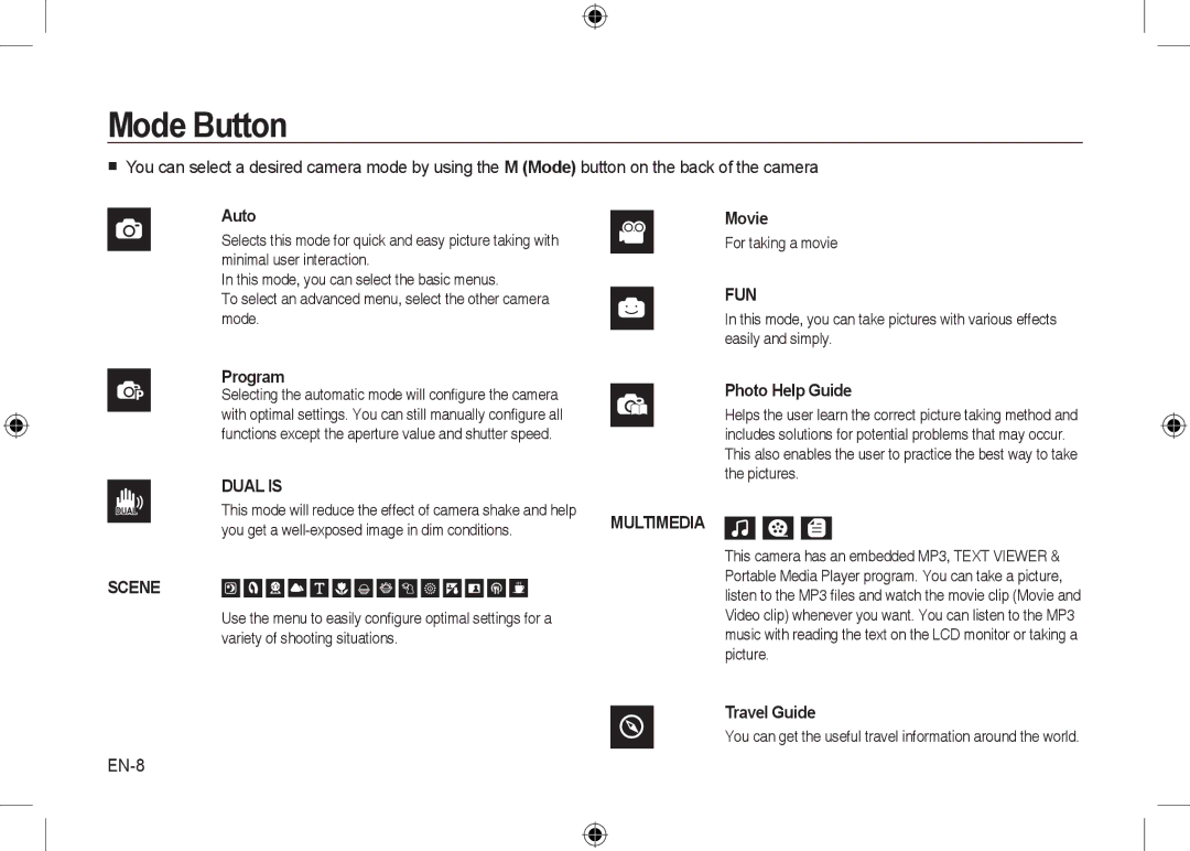 Samsung EC-I100ZRBA/IT, EC-I100ZGBA/E3, EC-I100ZSBA/FR, EC-I100ZGBA/FR, EC-I100ZSBA/E3, EC-I100ZRBA/E3 manual Mode Button, EN-8 