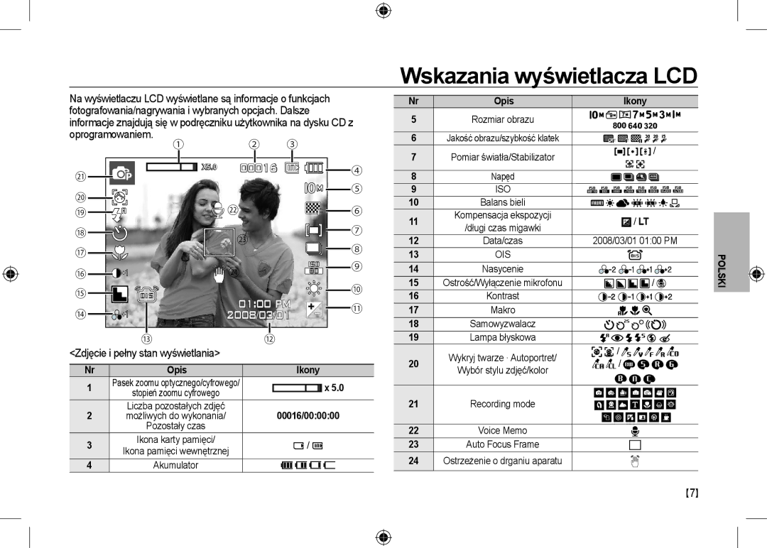 Samsung EC-I100ZABA/E3 manual Wskazania wyświetlacza LCD, Oprogramowaniem. ① ② ③, Zdjęcie i pełny stan wyświetlania, Ikony 