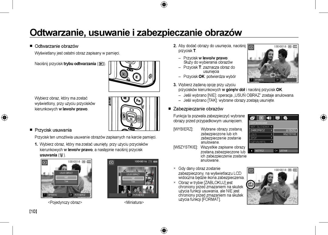 Samsung EC-I100ZNWB/RU manual Odtwarzanie, usuwanie i zabezpieczanie obrazów,  Odtwarzanie obrazów,  Przycisk usuwania 