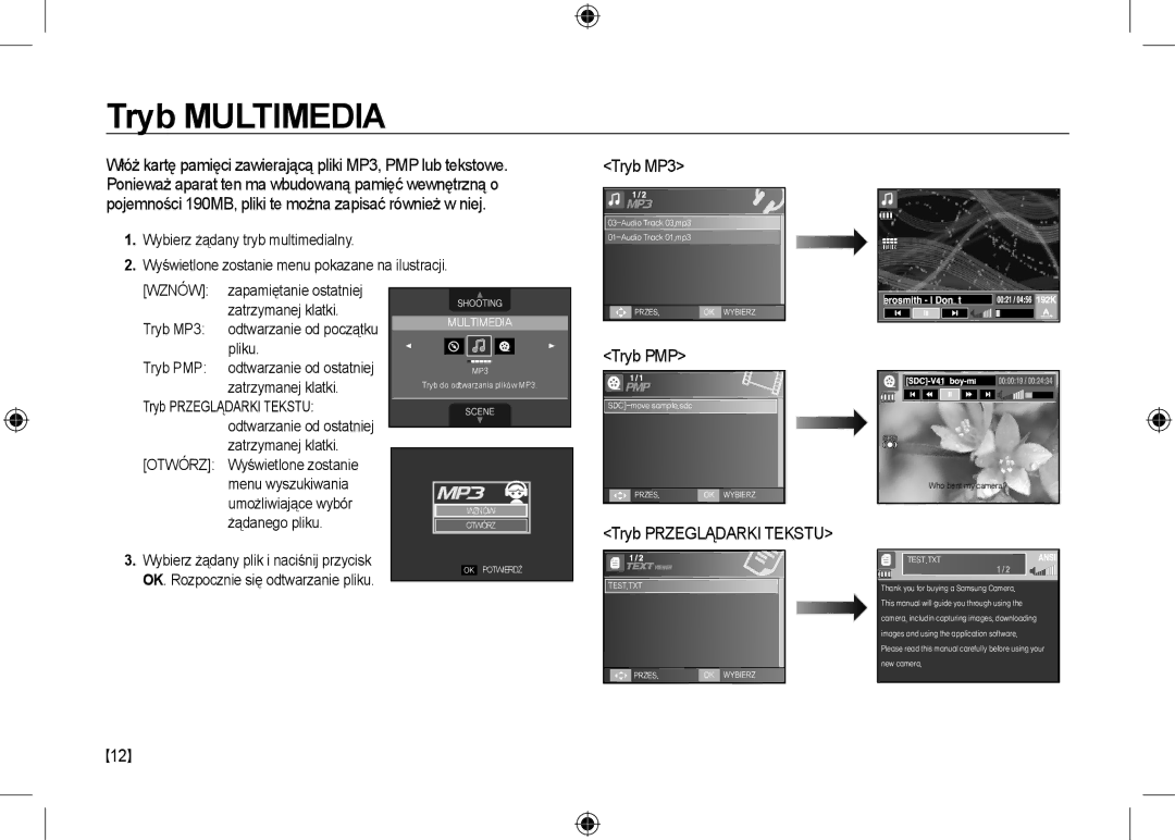 Samsung EC-I100ZABA/RU, EC-I100ZGBA/E3, EC-I100ZSBA/FR, EC-I100ZGBA/FR manual Tryb MP3, Tryb PMP, Tryb Przeglądarki Tekstu 