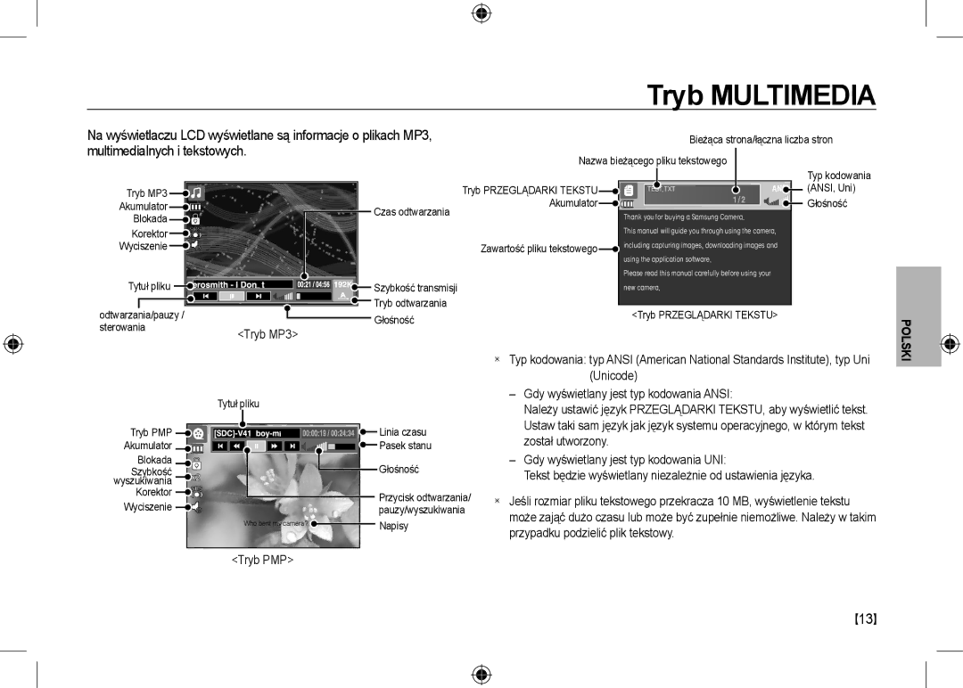 Samsung EC-I100ZGBA/RU manual Tryb MP3, Unicode, Gdy wyświetlany jest typ kodowania Ansi, Został utworzony, Tryb PMP 