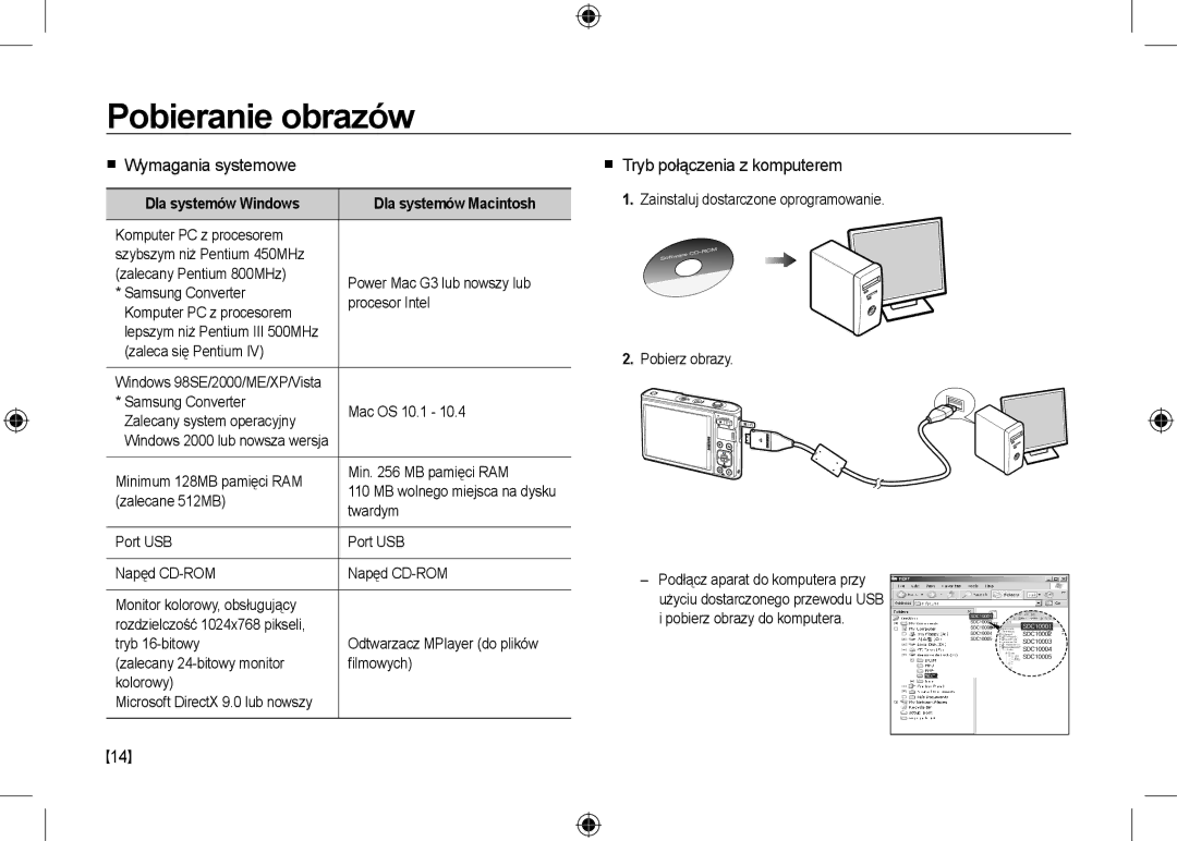 Samsung EC-I100ZRWB/RU, EC-I100ZGBA/E3 manual Pobieranie obrazów,  Wymagania systemowe,  Tryb połączenia z komputerem 