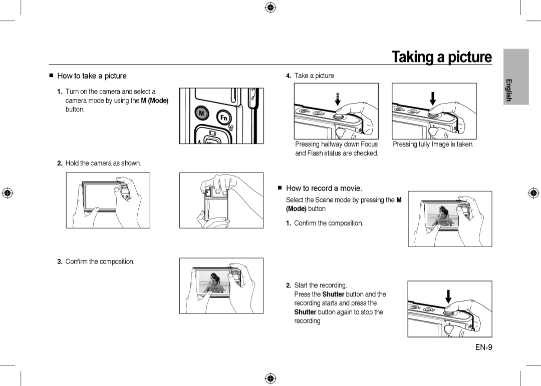 Samsung EC-I100ZGBA/IT, EC-I100ZGBA/E3 manual Taking a picture,  How to take a picture,  How to record a movie, EN-9 