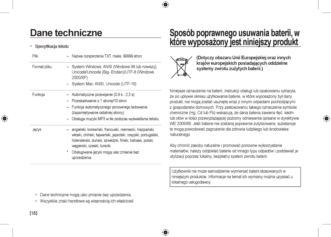 Samsung EC-I100ZGBA/FR Plik Nazwa rozszerzenia TXT, maks stron Format pliku, 2000/XP, System Mac ANSI, Unicode UTF-16 