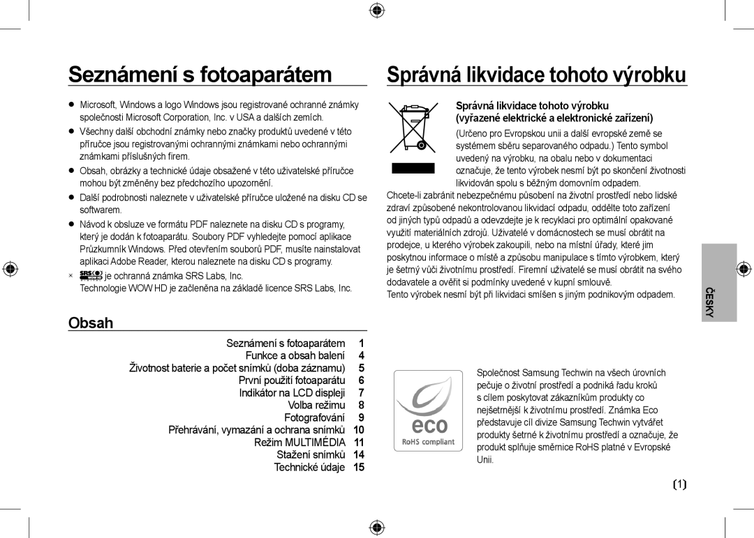 Samsung EC-I100ZSBA/E3, EC-I100ZGBA/E3 manual Seznámení s fotoaparátem, Obsah, Životnost baterie a počet snímků doba záznamu 