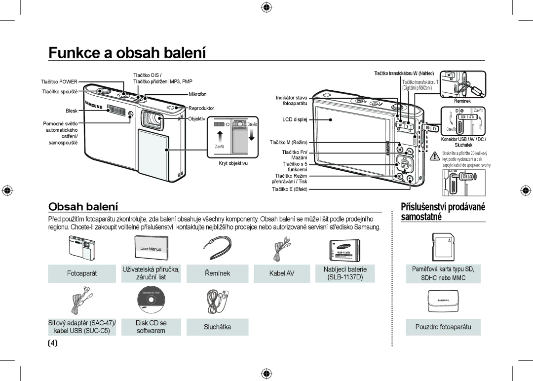 Samsung EC-I100ZBBA/E3, EC-I100ZGBA/E3 manual Funkce a obsah balení, Obsah balení, Samostatně, Příslušenství prodávané 